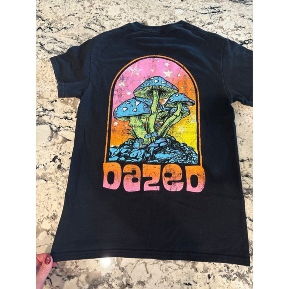 Men's size Small MIKEN Black T-Shirt with Dazed Mushroom Graphic.